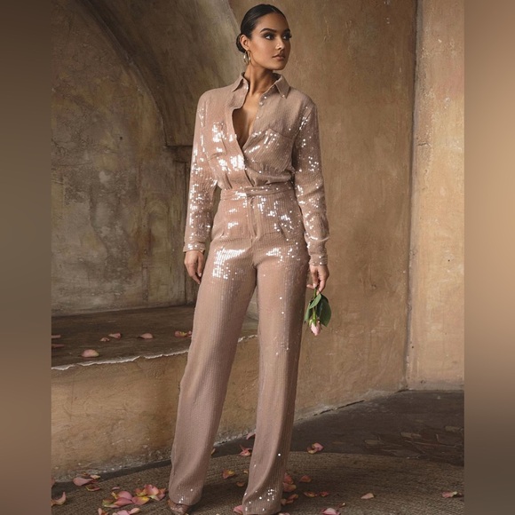 JLUXLABEL - Tan Elowen Sequin Trousers - Picture 9 of 10